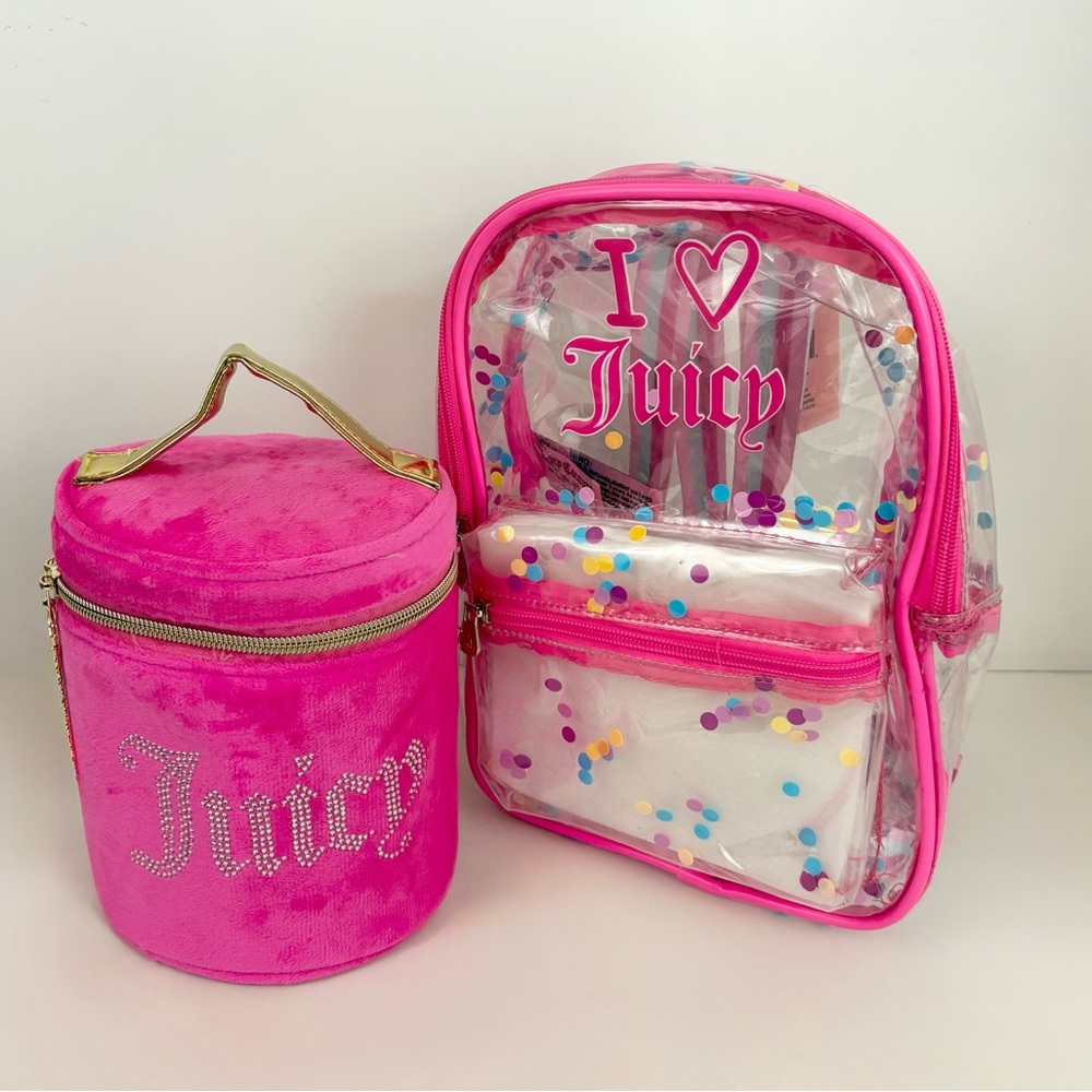 Juicy Couture Mini Clear Backpack and Fluff Plush Makeup Travel Bag Set NWT